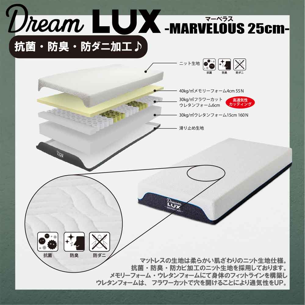 厚み25cmSノンコイルマットレス DLUX-MBRS-S 【直送品】 返品・キャンセル・他商品と同時購入は不可 - Image 5