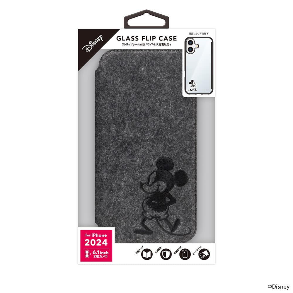PGA iPhone 16用 ガラスフリップケース(フェルト) ミッキーマウス PG-D24AGF05MKY - Image 2