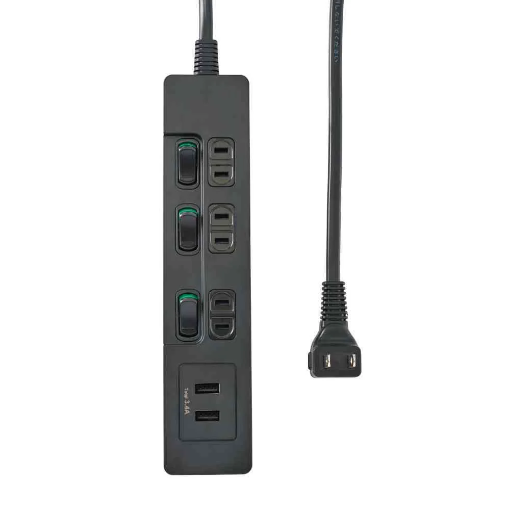 エルパ ELPA 電源タップ ランプレス個別スイッチ AC 3個口 USB-A×2 2m ブラック WLS-E3232UA - Image 3