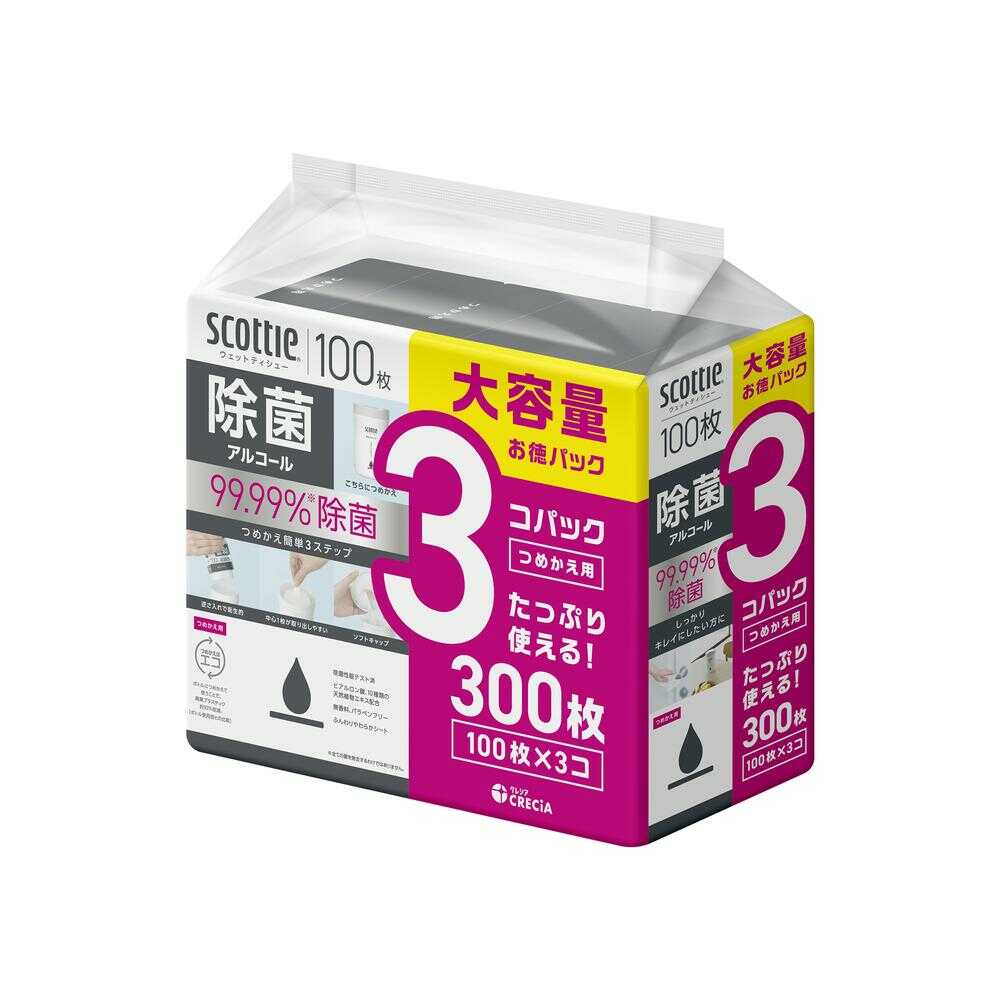 クレシア スコッティ ウェットティシュー 除菌 アルコールつめかえ用 100枚×3コパック - Image 3