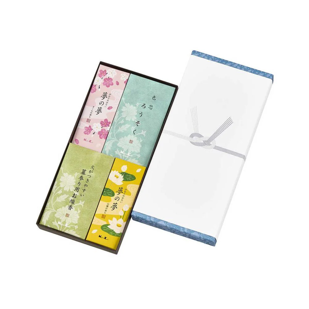 日本香堂 御香セット 1000° 包装品 1箱(夢の夢各種約40g、色芯ろうそく約50g、墓参線香4把入) - Image 2