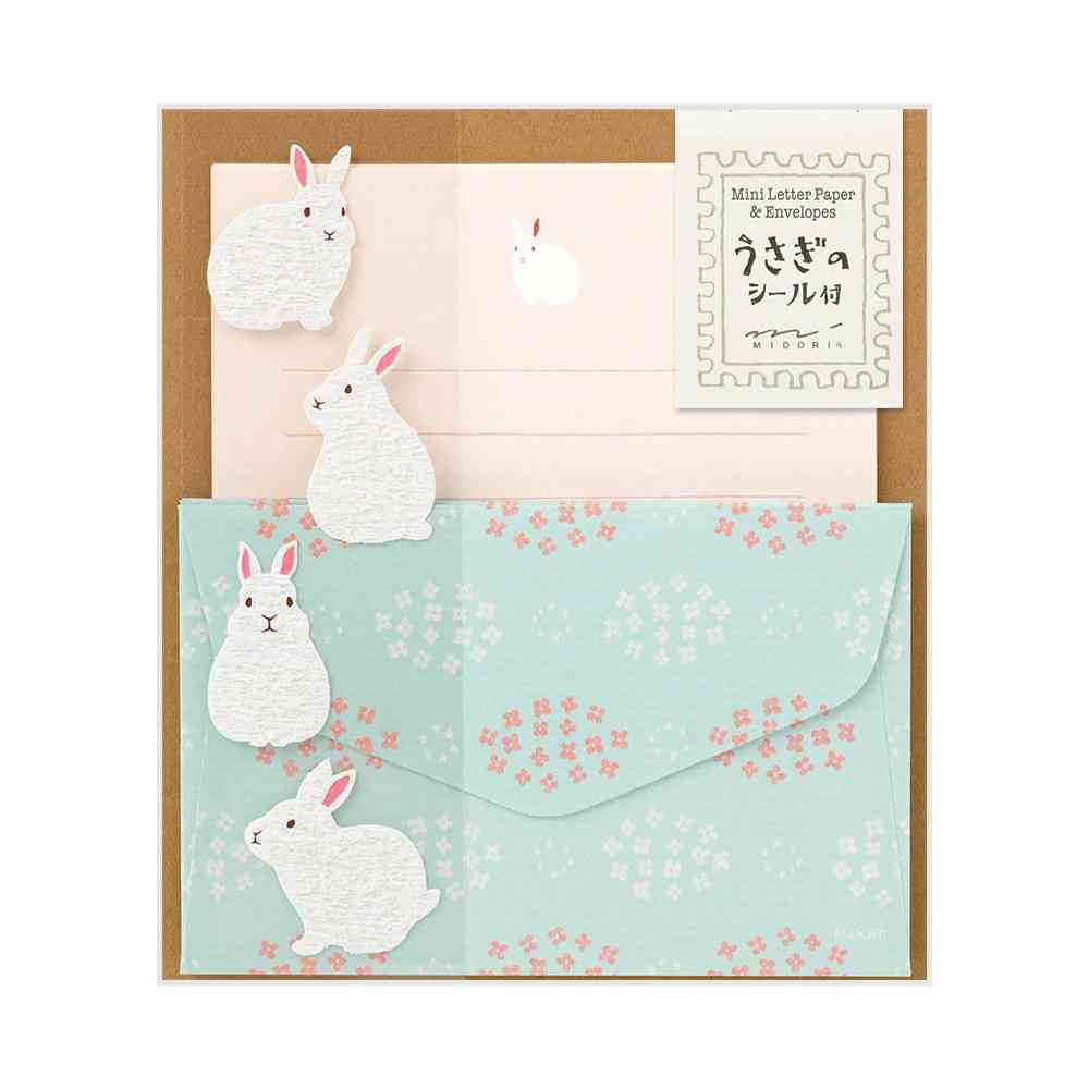ミドリ ミニレターセット514 シール付 うさぎ柄A 便箋／12枚入、封筒／4枚入、シール／1シート入 - Image 6