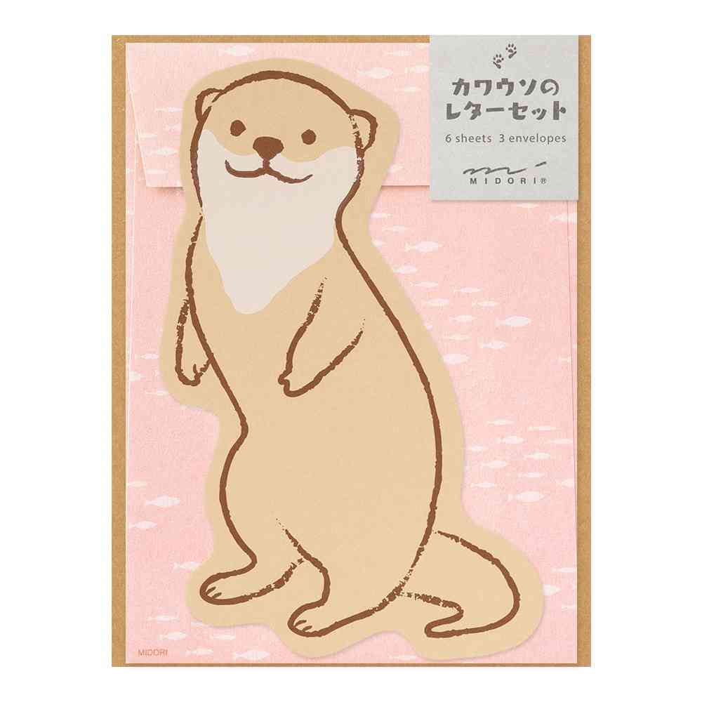 ミドリ レターセット927 ダイカット カワウソ柄 便箋/6枚入、封筒/3枚入 - Image 6