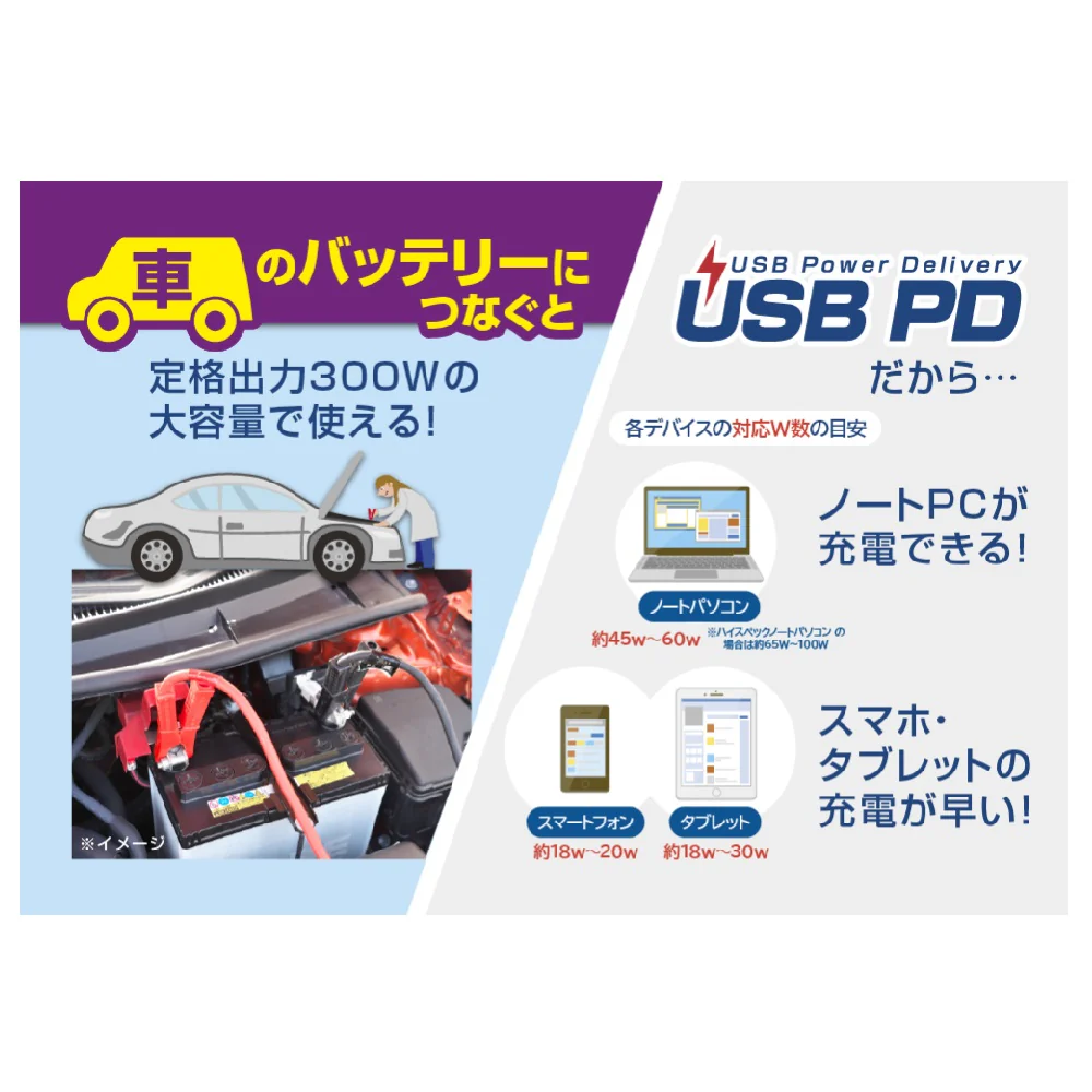 カシムラ DC/ACインバーター300W+USB-A/USB-C KD263 - Image 5
