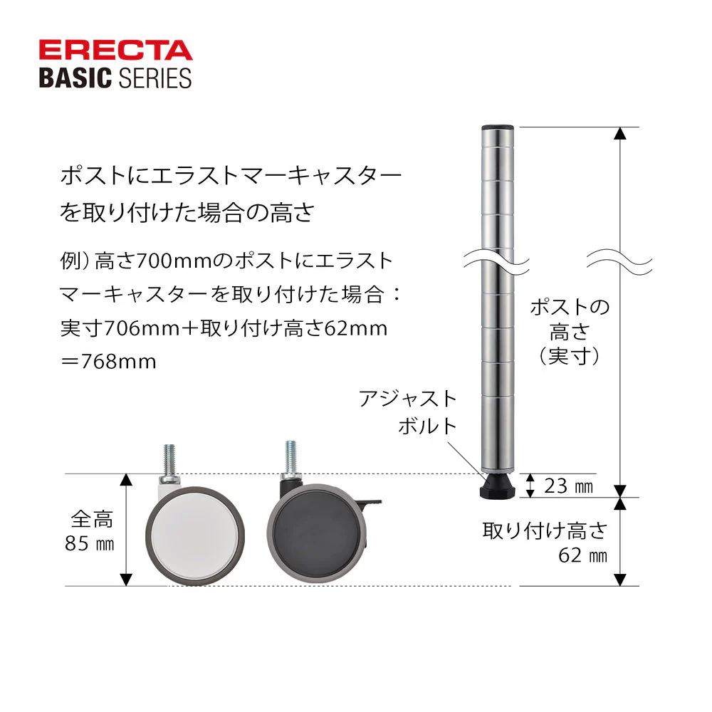 エレクター ベーシックシリーズ 双輪キャスター ストッパー付75mm ブラック BDRS75EBKG 2個入 - Image 4