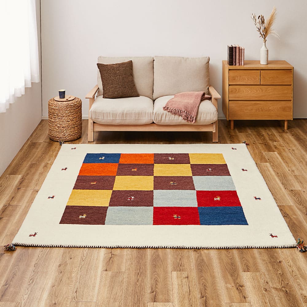 ギャッベ ラグ GABBEH D3 ミックス 200×200cm 【直送品】 返品・キャンセル・他商品と同時購入は不可