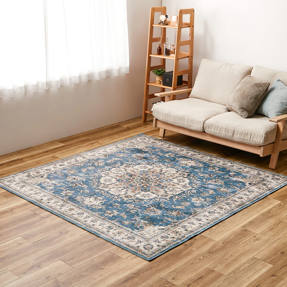 アンティーク絨毯風プリントラグ カメオ ブルー190×190 【直送品】 返品・キャンセル・他商品と同時購入は不可
