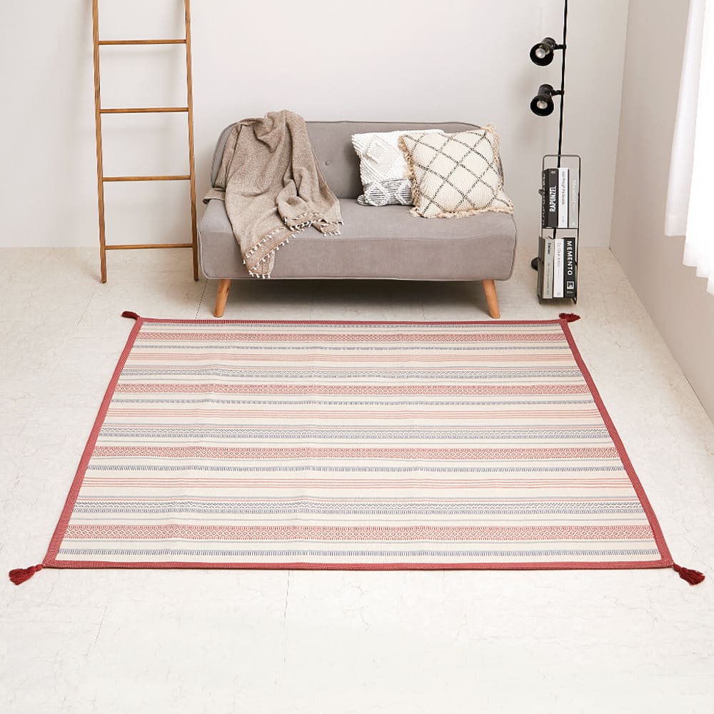 洗えるインド綿ラグ すべり止め付き レッド 185×185 【直送品】 返品・キャンセル・他商品と同時購入は不可