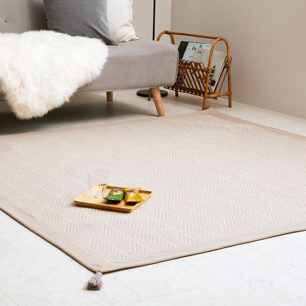 洗えるインド綿ラグ すべり止め付き ホワイト 185×185 【直送品】 返品・キャンセル・他商品と同時購入は不可