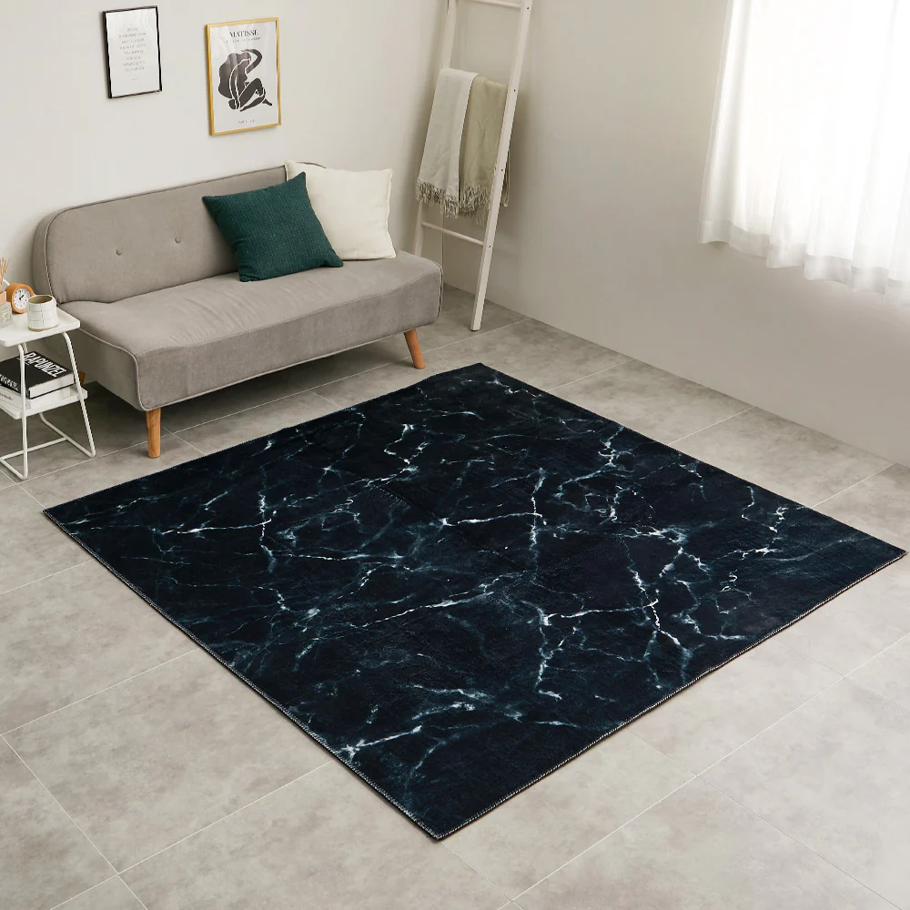 大理石柄のソフトフランネルラグ 190×190cm ブラック 【直送品】 返品・キャンセル・他商品と同時購入は不可