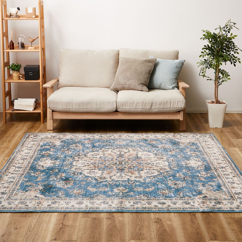 アンティーク絨毯風プリントラグ カメオ ブルー 230×230 【直送品】 返品・キャンセル・他商品と同時購入は不可