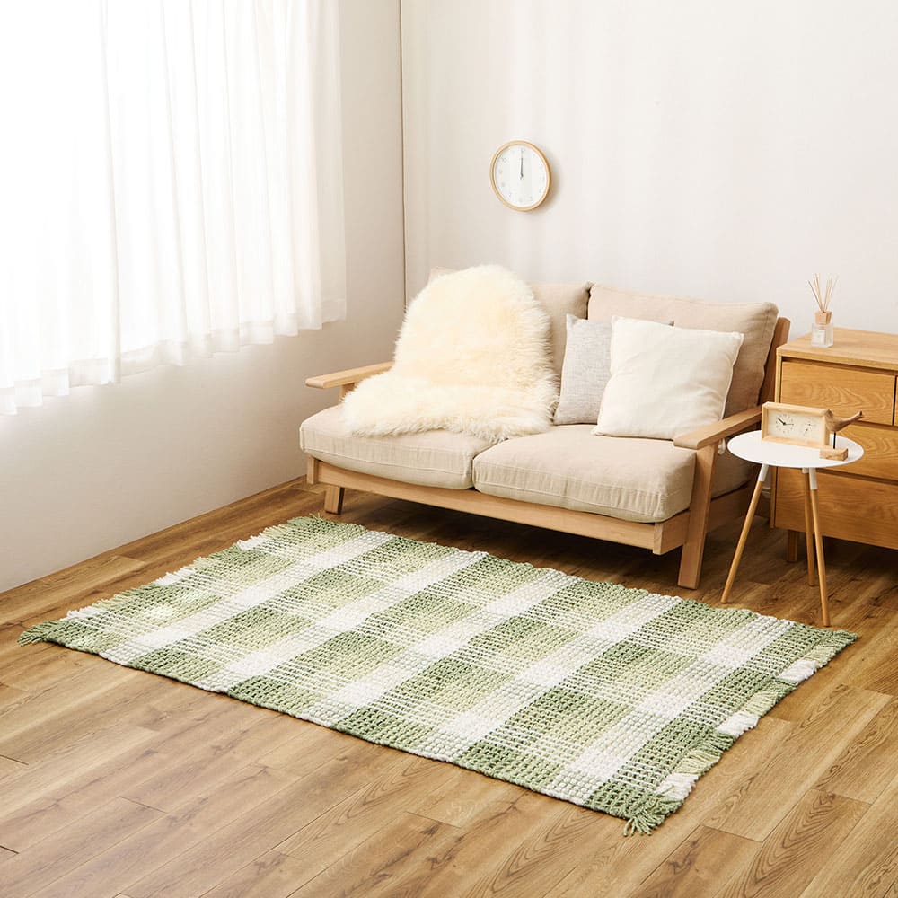 ワッフル風ラグ チェック柄 エルフ グリーン 100×140 【直送品】 返品・キャンセル・他商品と同時購入は不可