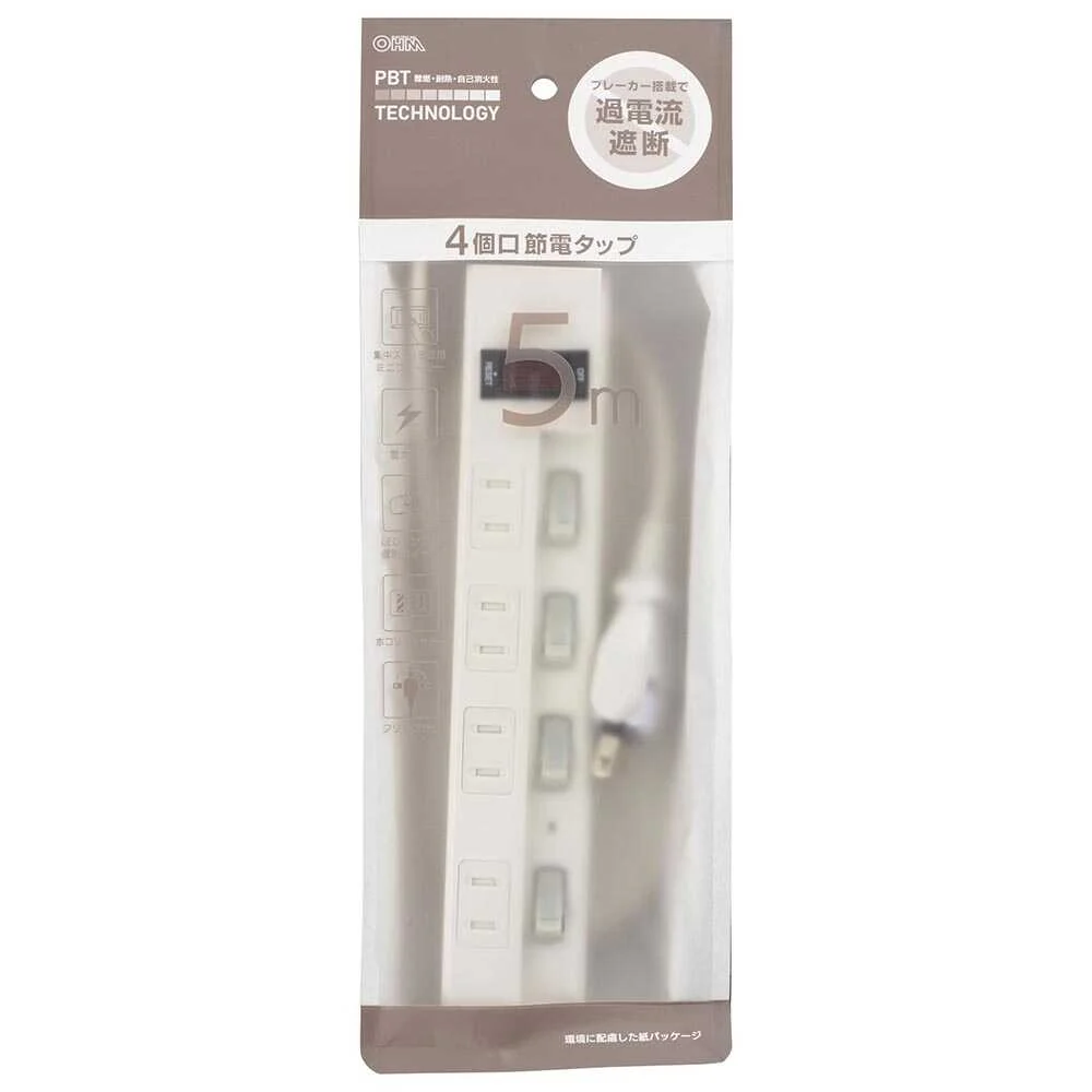 オーム電機 節電タップ 雷ガード／ブレーカー付  4個口 HS-TPKV45W-22 - Image 3
