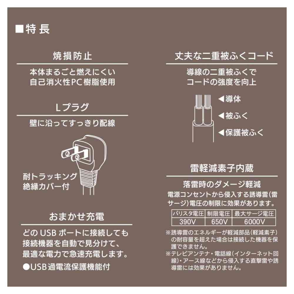 オーム電機 2個口タップ 雷ガード／USBポート付き 3m HS-TKU23W22 - Image 2