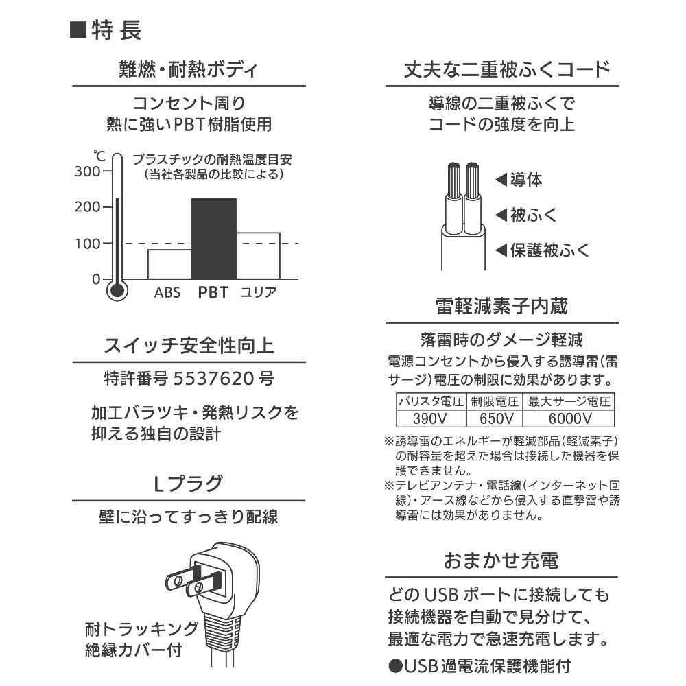 オーム電機 節電タップ光る押しボタンスイッチ雷ガード4個口 USBポート付き 2m HS-TPKU42W-22 - Image 3