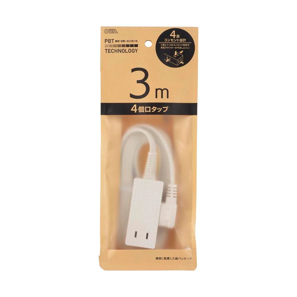 オーム電機 4口3mスリムタップ 1個 - Image 3