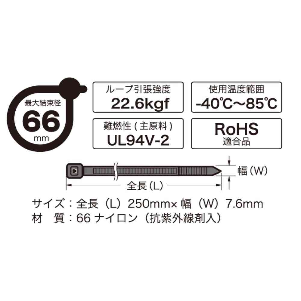 オーム電機 リピートタイ 耐候性 250mm 黒 04-3305 10本入 - Image 2