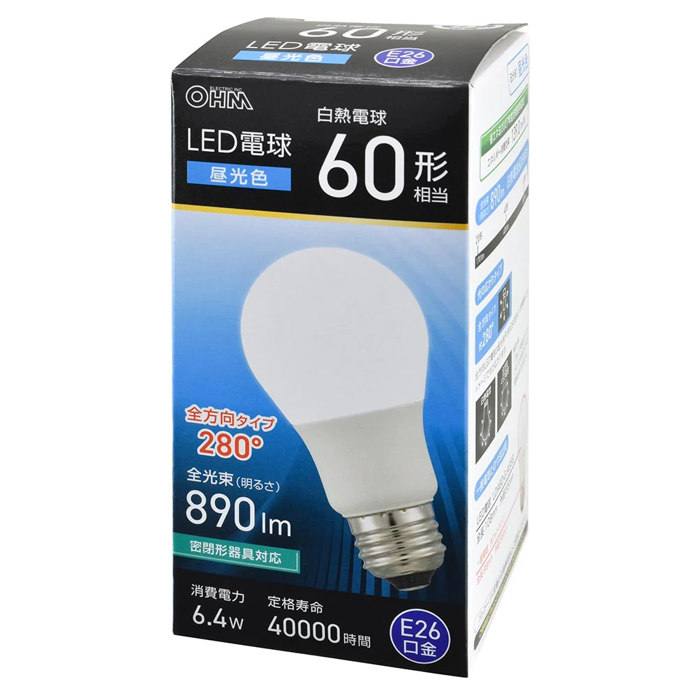 オーム電機 LED電球 E26 60形相当 昼光色 1個