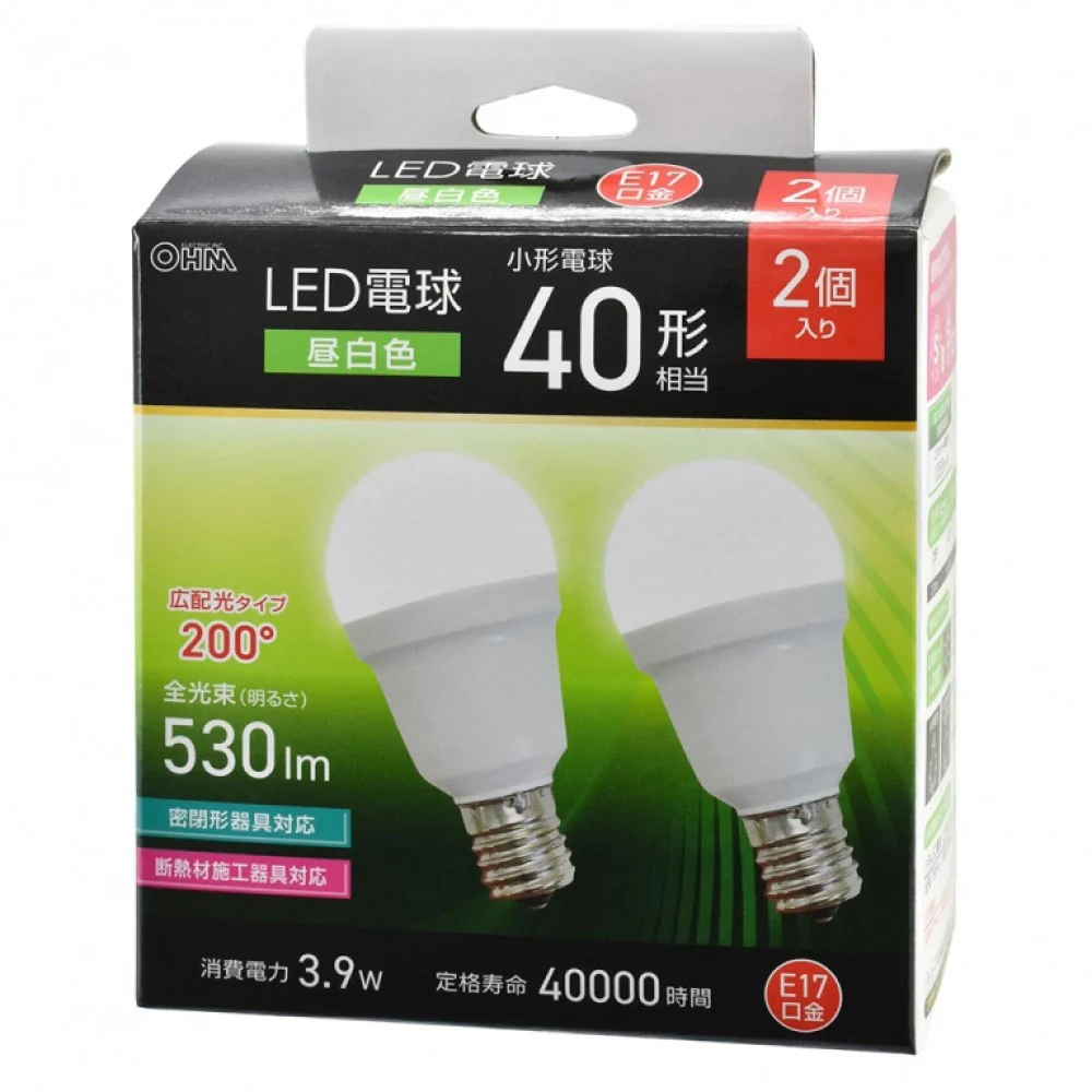 オーム電機 LED電球小形 40形昼白色 2個入