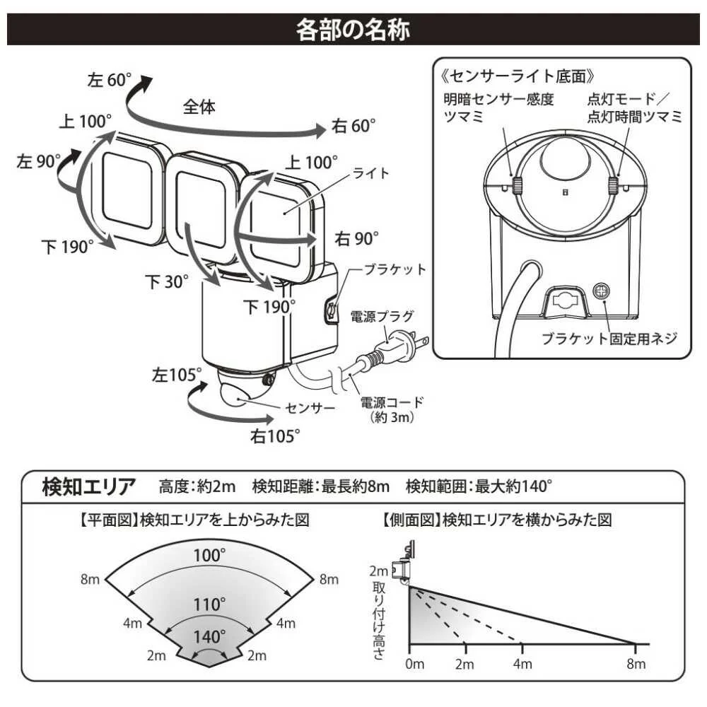 オーム電機 monban防犯センサーライト 3灯コンセント式 - Image 5