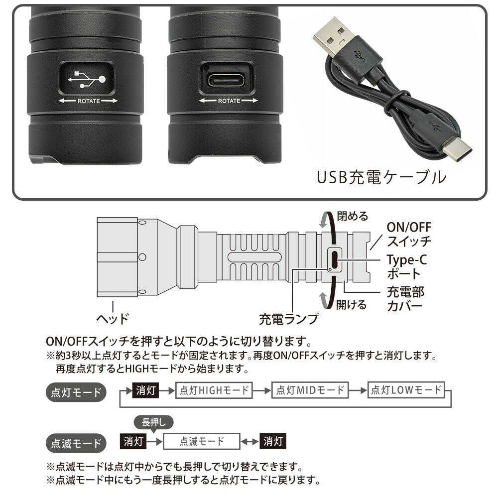 オーム電機 LEDズームライト ラバーグリップ USB充電式 900ルーメン 1個 - Image 4